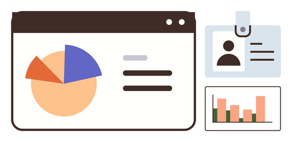 Круговая диаграмма, штриховой граф и идентификационный бейдж пользователя рядом с окном инструментальной панели аналитики. Идеально подходит для бизнеса, аналитики, менеджмента, идентичности, исследовательской командной работы и управления. Простая плоская метафора