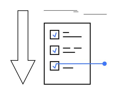 Aşağıya bakan bir ok eşliğinde işaretlenmiş üç işaretli kontrol listesi. Planlama, görev öncelikleri, iş akışı, strateji, organizasyon, verimlilik iş yönetimi için ideal. Basit düz