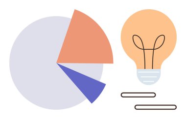 Pasta grafiği, yaratıcılığı ve fikirleri sembolize eden ampulle veri bozulmasını gösteriyor. İş, araştırma, sunum, planlama, beyin fırtınası, eğitim ve strateji için ideal. Minimalist düz