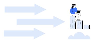 Çubuklu grafikte oturan kadın dizüstü bilgisayarda çalışıyor. Önü gösteren büyük oklar, aşağısı bulutlu. Büyüme, başarı, ilerleme, strateji, yenilik hedefleri analizi için idealdir. Basit düz metafor