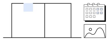 Dağıtıcı sekmesi, duvara monte edilmiş takvim ve manzaralı resim çerçeveli defteri aç. Üretkenlik, organizasyon, planlama, yaratıcılık, odaklanma, zaman yönetimi için ideal basit düz metafor