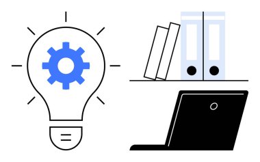 Dişli ampul, dizüstü bilgisayarın ve istiflenmiş kitapların yanında yeniliği simgeliyor. Yaratıcılık, yenilik, öğrenme, takım çalışması, üretkenlik ve teknoloji organizasyonu için ideal. Basit bir düz metafor.