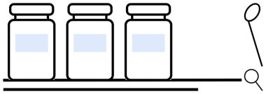 Konveyör bandına yerleştirilmiş üç kavanoz ve kaliteli bir büyüteç. Üretim, üretim, ambalaj, otomasyon, kalite güvencesi, fabrika süreçleri için ideal