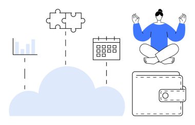 Grafik bar çizelgesi, takvim, bulmaca ve cüzdan bulut insan meditasyonu ile birbirine bağlı. Basit düz metaforda organizasyon, üretkenlik, teknoloji, finans, planlama ve refah için ideal