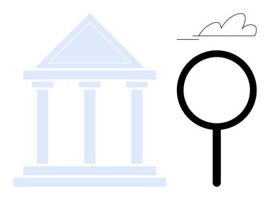 Klasik binanın yanında, basit bir bulut simgesinin altında sütunları olan büyüteç. Araştırma, eğitim, şeffaflık, yönetim, adalet, analiz, anlayış temaları için idealdir. En az düz metafor