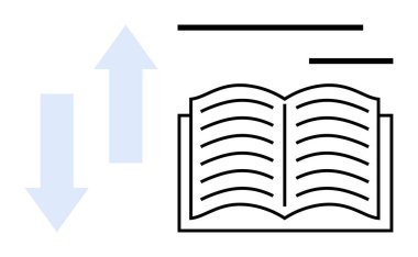 Dalgalı sayfalar ve bilgi akışını ve bilgi paylaşımını simgeleyen yukarı ve aşağı oklarla kitabı aç. Eğitim, öğrenim, iletişim, araştırma, okur yazarlık, değişim için ideal