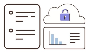Belge taslağı, bir buluta kilitlenmek, gösterge panelinde grafik çubukları olan analizler. Siber güvenlik, bulut depolama, veri analizi, gizlilik, belge yönetimi teknolojisi dijital güvenlik için idealdir. Basit.