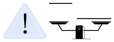 Dengeli ölçeklerin yanında ünlem işareti olan uyarı üçgeni risk değerlendirmesi, adalet ve karar verme mekanizmasını gösteriyor. Güvenlik, adalet, denge, uyarı, eşitlik ve analiz için ideal