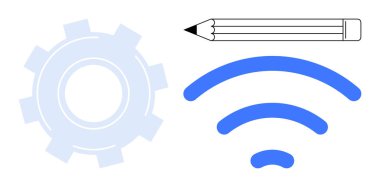 Minimalist kalem, dişli ve kablosuz sinyal elemanları yenilik, yaratıcılık, teknoloji ve iletişimi sembolize ediyor. Dijital dönüşüm, uzaktan çalışma, ağ oluşturma eğitimi için ideal