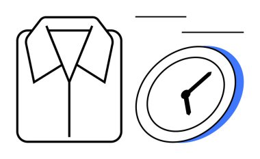 Bir saatin yanına yerleştirilmiş düzgünce katlanmış gömlek dakikliği, verimliliği ve günlük rutini simgeliyor. Konseptler için ideal organizasyon, profesyonellik, iş hayatı dengesi, planlama
