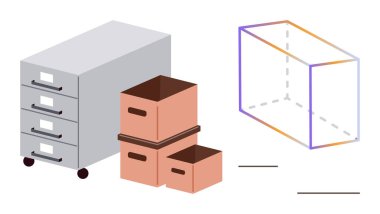 Metal dosya dolabı, istiflenmiş karton kutular ve şeffaf bir küp yapısı. Depolama, organizasyon, ofis lojistiği, minimalizm, işyeri planlaması, kütüphane yönetimi için ideal daire