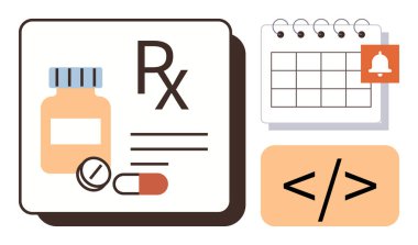 İlaç şişesi, haplar, RX sembolü ve yanında bir de uyarı ve kodlama etiketi. Sağlık hizmetleri, hatırlatıcılar, teknoloji entegrasyonu, tıbbi uygulamalar, dijital araçlar, eczane için ideal