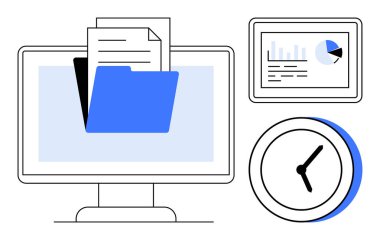 Bilgisayar ekranında analiz tableti ve saati ile klasörü ve belgeleri aç. İş organizasyonu için ideal, zaman yönetimi, veri analizi, dijital iş akışı, verimlilik, uzaktan çalışma, basit daire