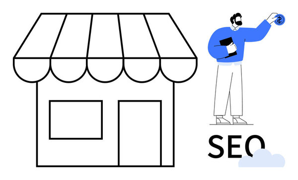 Man presenting SEO strategies near storefront, highlighting tools for business growth, digital marketing, and customer engagement. Ideal for branding, e-commerce, analytics, business, planning