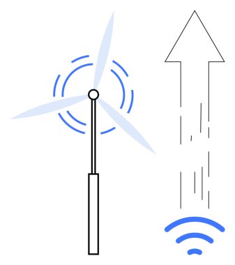 Rüzgar türbininin yukarı doğru hareket etmesi enerji akışını ve kablosuz bağlantıyı sembolize ediyor. Yenilenebilir enerji, yeşil teknoloji, yenilik, verimlilik, dijital dönüşüm, temiz