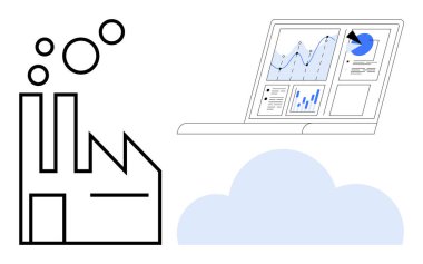 Bulut ve dizüstü bilgisayarın yanında duman yayan fabrika veri grafikleri ve grafikleri gösteriyor. Teknoloji, otomasyon, analitik, sürdürülebilirlik, endüstri, bulut hesaplama, gelecekçi sistemler için ideal. Basit.