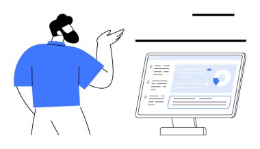 Ekranda veri tabloları, grafikler ve metinlerle el kol hareketi yapan adam. Analiz, sunum, takım çalışması, eğitim, bilgi paylaşımı iş planlaması ve iletişim için ideal. Basit düz metafor