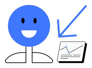 Gülümseyen mavi figür, yukarı doğru eğilim gösteren grafikler, başarıyı, büyümeyi ve başarıyı simgeliyor. İş için ideal, pazarlama, analitik, eğitim motivasyonu yenilik getirir. Basit bir daire.