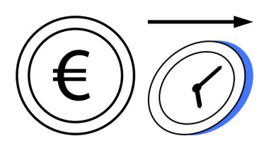 İçinde Euro sembolü olan bozuk para, zaman eli ve yön oku olan eğimli bir saatin yanında. Finans, zaman değeri, verimlilik, yatırım, hız, verimlilik ve acil kavramlar için idealdir. Temiz