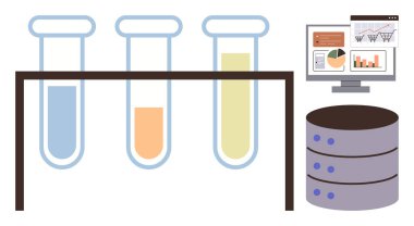 Üç test tüpü renkli sıvılar, bir sunucu yığını ve bilgisayar görüntüleme grafikleriyle bir stantta. Bilim, veri, deney, yenilik, analitik biyoteknoloji eğitimi için idealdir. Basit.