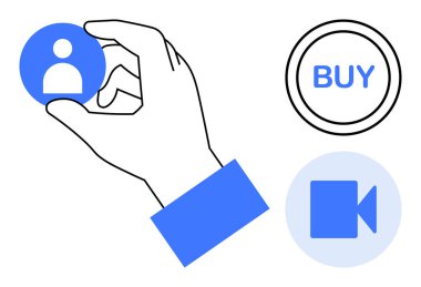 Satın alma düğmesi ve video kamerayla çevrili bir kullanıcı simgesi. Müşteri etkileşimi, dijital hizmetler, e-ticaret, video pazarlama, çevrimiçi katılım, teknoloji, basit düz metafor