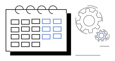 Görünür ızgara planına ve dönen dişlilerin yanında verimliliği ve organizasyonu sembolize eden mavi renklere sahip takvim. Üretkenlik, otomasyon, iş akışı, planlama, zaman yönetimi, sistem için ideal