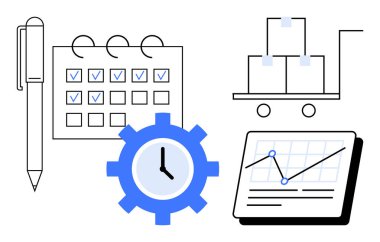 İşaretli görevler, kalem, saat donanımı, analitik çizelgesi ve teslimat arabası olan takvim. Üretkenlik, planlama, lojistik, zaman yönetimi stratejisi iş akışı optimizasyonu için ideal basit düz metafor
