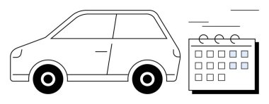 Vurgulanmış günleri olan bir takvimin yanında küçük araba sürüşü. Seyahat, planlama, lojistik, zaman yönetimi, ulaşım, randevular, programlama kavramları için ideal. Minimalist düz metafor