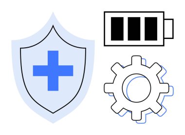 Güvenlik ve sağlık için çapraz kalkan, enerji için pil ikonu, işlem ve otomasyon için teçhizat. Sağlık, teknoloji, enerji verimliliği, yenilik, sistem bakımı, güvenilirlik için ideal