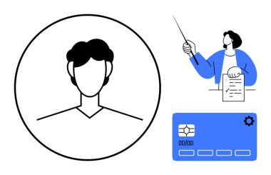 Geniş bir çemberde boş bir yüzle kullanıcı profili portresi, elinde belge, işaret çubuğu ve mavi bir kredi kartı olan kişi. Kimlik, koçluk, ödeme, teknoloji ve eğitim için ideal