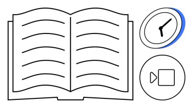 Görünür satırları olan açık bir kitap, saati gösteren bir saat ve bir video oynatma tuşu. Eğitim, öğrenim, zaman yönetimi, multimedya araçları, dijital kaynaklar, kişisel gelişim için ideal basit düz metafor