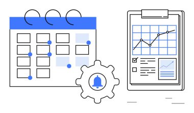 İşaretli tarihler, bildirim teçhizatı ve not panosundaki performans analizleriyle takvim. Planlama, üretkenlik, zaman yönetimi, proje izleme, iş akışı verimliliği, görev