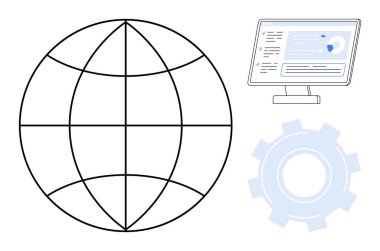 Basitleştirilmiş dünya, monitörde analitik gösterge paneli ve küresel ağları, veri yönetimini ve teknolojiyi sembolize eden ekipman. Dijital dönüşüm, yenilik, bilişim sistemleri ve küreselleşme için ideal