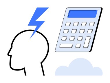 Yıldırım, hesap makinesi ve bulutlu bir kafa silueti. Yaratıcılık, yenilik, problem çözme, analitik, strateji eğitimi verimliliği için idealdir. Basit bir düz metafor.
