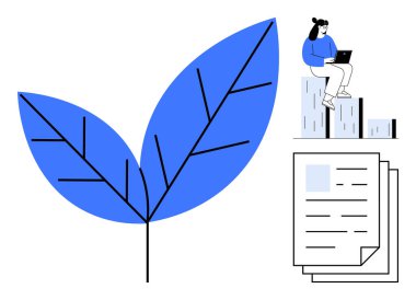 Sürdürülebilirliği simgeleyen büyük mavi yaprak, bar tablosunda dizüstü bilgisayarda çalışan kadın, yığınla kağıt. Teknoloji, çevre, büyüme, ilerleme, yenilikçi eğitim ekibi çalışması için idealdir. Basit düz