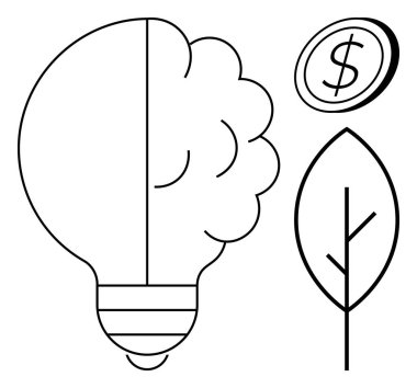 Beyin şeklindeki ampul, yaprak ve madeni para yeniliği, sürdürülebilirliği ve ekonomik fikirleri vurguluyor. Yaratıcılık, ekoloji, yeşil enerji, finans eko-girişimcilik yatırımları için ideal modern