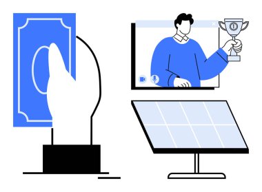 El ele tutuşan para, kupa ve güneş paneli ile bireysel görüntüleme. Finans, ödüller, çevrimiçi başarı, dijital işlemler, yenilenebilir enerji, eko girişimleri teknolojisi için ideal