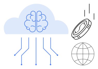 Bulut içindeki beyin yapay zekayı sembolize eder, bağlantı çizgileri dijital ağı, madeni parayı ve küreyi temsil eder ve küresel ekonomiyi temsil eder. Yapay zeka, engelleme zinciri, fintech, bulut hesaplama, yenilik için ideal