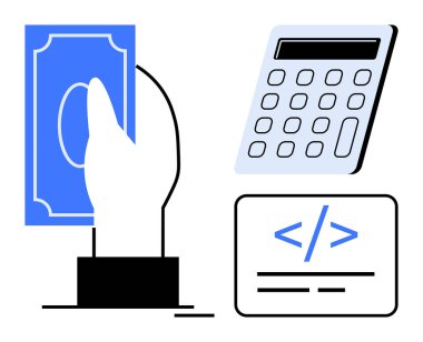 Hesap makinesi ve kodlama işareti ile el ele tutuşmak finansal yönetimi, dijital faturayı, yazılım gelişimini sembolize eder. Fintech, ecommerce, programlama, web uygulamaları, muhasebe, maaş bordrosu için ideal