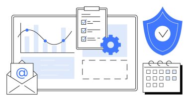 Grafikli analitik paneli, panoda kontrol listesi, e- posta simgesi, işaretli kalkan ve takvim. Veri yönetimi, verimlilik, güvenlik, e-posta organizasyonu görev takibi için ideal