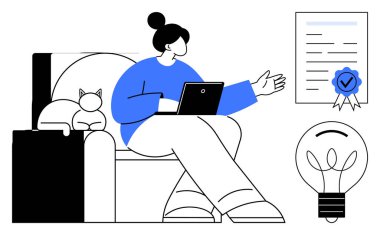 Dizüstü bilgisayarlı bir sandalyede oturan kadın, fikirleri açıklıyor, kedi dinleniyor, yeniliği simgeleyen parlayan ampul, çerçeveli sertifika başarıyı simgeliyor. Eğitim ve yaratıcılık için ideal