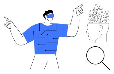 AR kulaklık takan bir adam, kıyafetlerinde dijital devreler, çiçek açan insan profili, büyüteç. Yenilik için ideal, VR, teknoloji, yaratıcılık büyüme araştırmaları. Basit.
