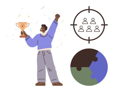 Başarıyı kutlayan kişi kupa tutuyor, takım hedef odaklanıyor, yapboz parçaları işbirliğini simgeliyor. Başarı, işbirliği, takım çalışması, amaç belirleme, motivasyon liderlik birliği için idealdir. A