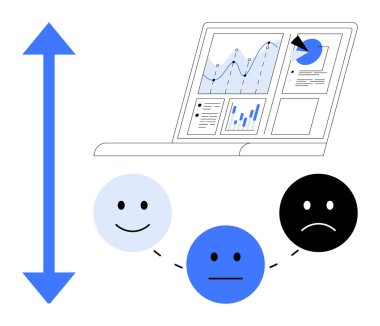 Bir dizüstü bilgisayardaki grafikler ve grafikler mutlu, nötr ve üzücü üç yüz ifadesiyle veri içgörüsüne bağlanmış. Müşteri geribildirimi, analitik, anket sonuçları, insan duyguları için ideal