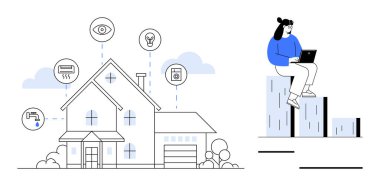 Akıllı teknoloji ikonlarına sahip modern ev güvenliği, aydınlatmayı, ısıtmayı, suyu ve aletleri destekliyor. Kontrol için dizüstü bilgisayar kullanan bir kadın. İOT, uzaktan erişim, güvenlik enerjisi verimliliği için ideal