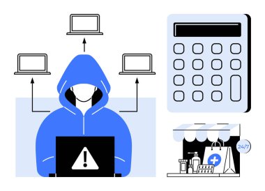 Bilgisayarında kapüşonlu bir figür var. Ağa bağlı bilgisayarlar, hesap makinesi, eczane çantası. Siber güvenlik, e-ticaret güvenliği, finansal riskler, veri gizliliği, sanal dolandırıcılık tehdidi için ideal