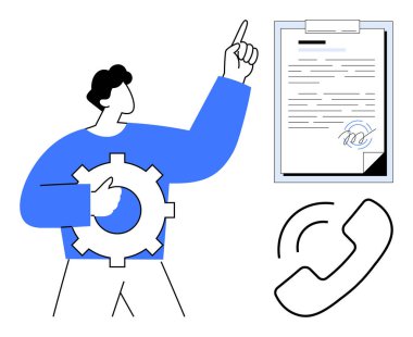 Elinde teçhizat tutan adam yakınlarda bir telefon ikonu olan imzalı bir sözleşmeyi işaret ediyor. İş süreçleri, iletişim, takım çalışması, ortaklıklar, anlaşmalar, müşteri hizmetleri ve iş akışı için idealdir. Basit düz