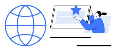 Küresel ızgaranın yanındaki tablet ekranda bir yıldızı gösteren bir kadın. Teknoloji, iletişim, eğitim, dijital pazarlama, küresel ağ, çevrimiçi işbirliği, yenilik temaları için ideal
