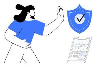 Kadın, kalkanın yanında kontrol işareti ve veri tablosu olan bir pano ile el kaldırıyor. Güvenlik, uyum, onay, sorumluluk, veri koruması, mahremiyet ve güven için ideal. Basit bir düz metafor.