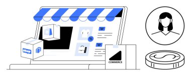 Ürün simgeleri, alışveriş torbaları, bozuk paralar ve kullanıcı profili içeren bir dizüstü bilgisayarda dijital vitrin. E-ticaret, çevrimiçi alışveriş, iş, perakende, pazarlama finans ve dijital için ideal